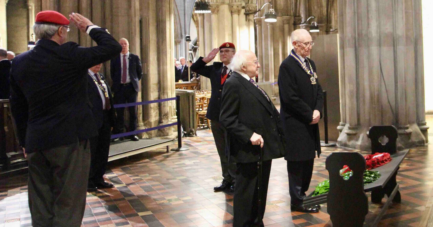 President Michael D Higgins and Lt Col Ken Martin, President of the RBL Republic of Ireland, lay wreaths.
