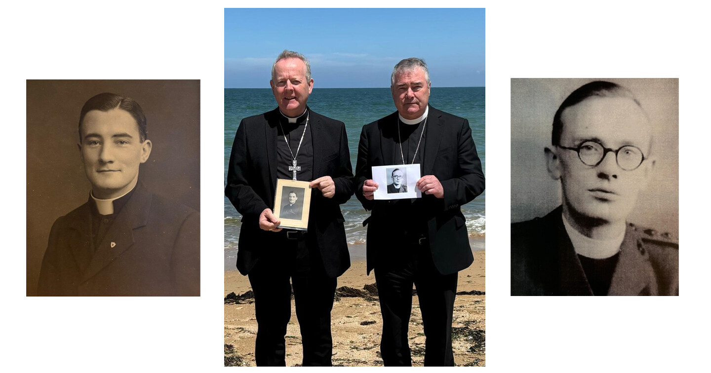 Archbishops Eamon Martin and John McDowell with portraits of Fr John Patrick O&rsquo;Brien SSC and the Revd James McMurray&ndash;Taylor at Sword Beach, during the 80th anniversary commemoration of D&ndash;Day in June this year.