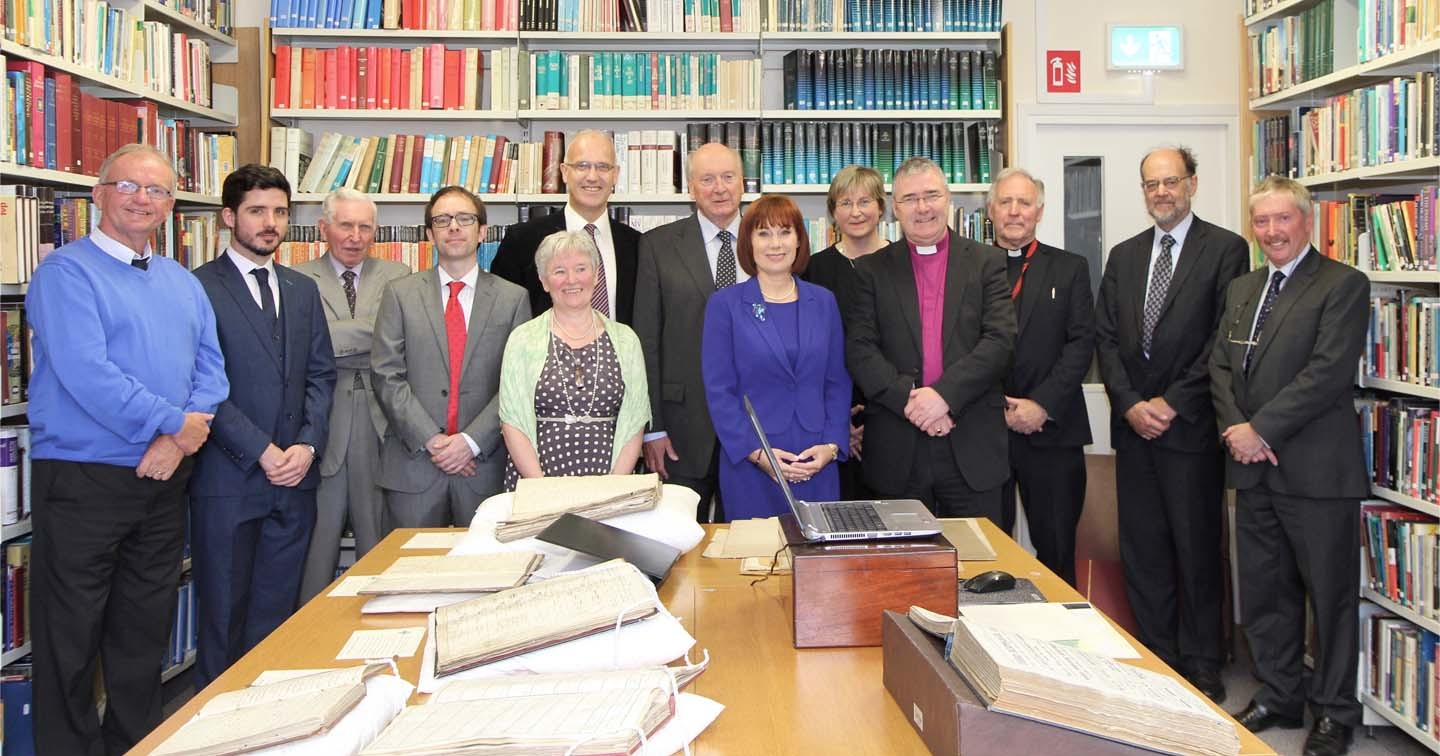Minister for Culture, Heritage and the Gaeltacht Josepha Madigan with staff and the managing committee of the RCB Library during the Minister&rsquo;s informal visit to the Library to announce a capital grant for the digitisation of Church of Ireland parish registers.