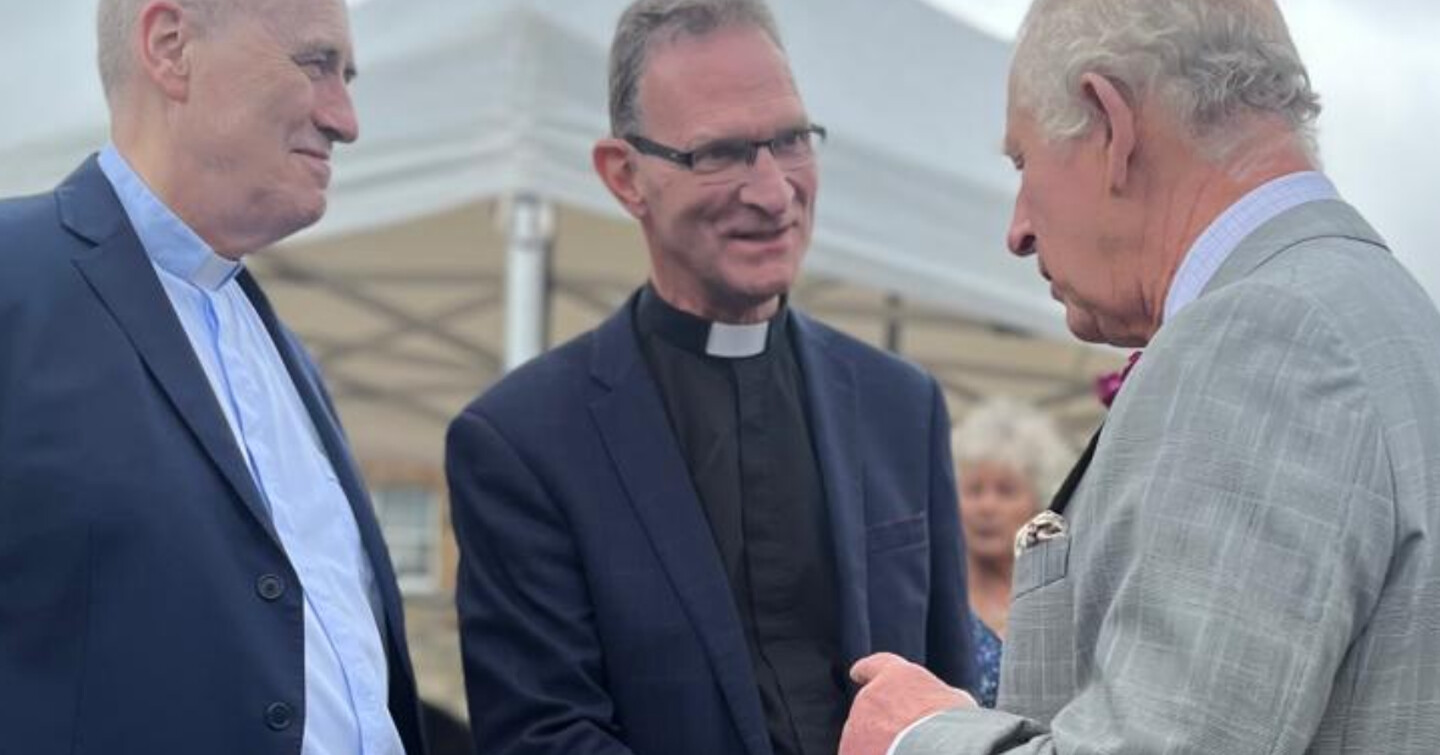 King Charles III with Monsignor Peter O&rsquo;Reilly and Dean Kenny Hall
