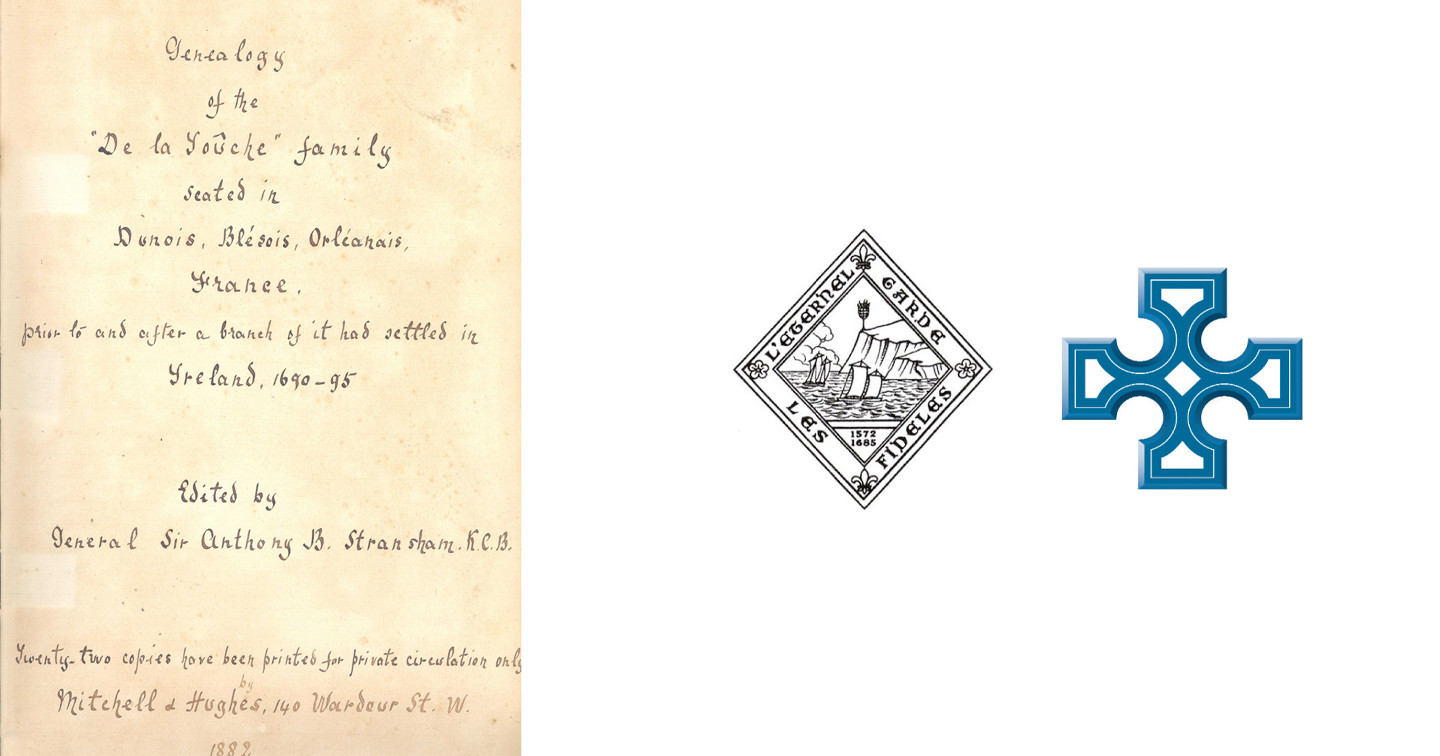 Left: The title page from a genealogy of the La Touche family, RCB Library Ms 128. Right: The logo of the Huguenot Society of Great Britain and Ireland with the Church of Ireland cross.
