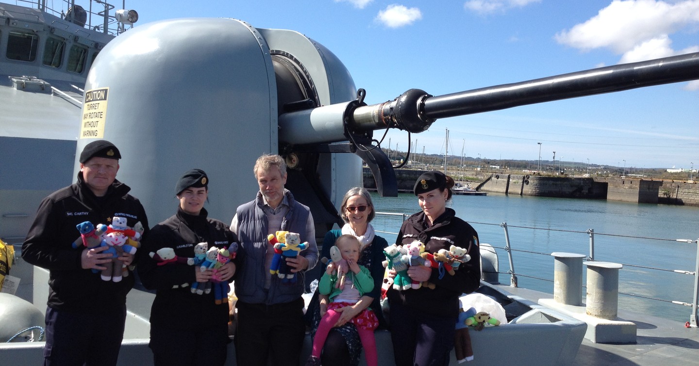 Handing over the Mothers&rsquo; Union &lsquo;Comfort Teddies&rsquo; to L&Eacute; R&oacute;is&iacute;n crewmembers were (l&ndash;r) Lt(NS) Gavin McCarthy (Executive Officer), Leading Communication Operator Gillian Hamilton, Robert Devoy, Patsy Devoy (MU Diocesan President) and their granddaughter, and Petty Officer Suzan Brogan.
