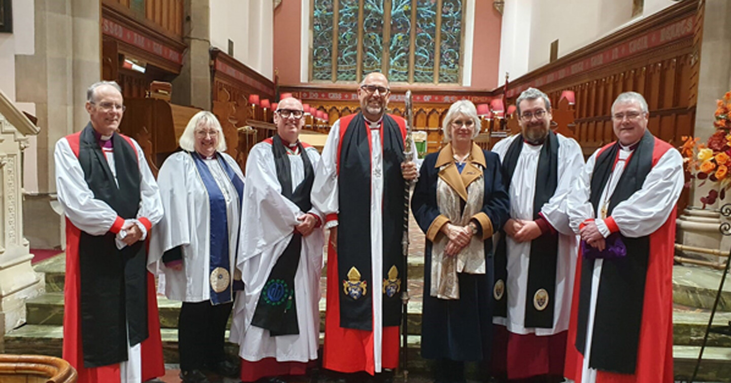 Clergy at the Mothers&rsquo; Union Big Hymn Sing in St Patrick&rsquo;s, Ballymena, on November 16. From left: Bishop Ian Ellis; Bishop Sarah Groves; Archdeacon Stephen McBride (All&ndash;Ireland Chaplain, Mothers&rsquo; Union); Bishop George Davison; June Butler MBE (All&ndash;Ireland President, Mothers&rsquo; Union); Canon Mark McConnell, Rector of Ballymena; and Archbishop John McDowell. Photo: Loraine Watt.