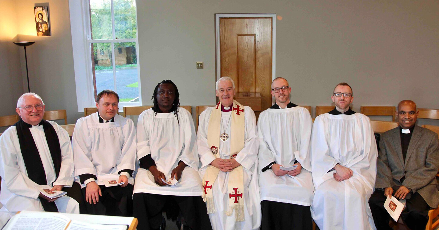 Newly commissioned Student Readers Neville Cobbe, Francis Khamanra, Stephen Moore and Ashley Morgan with the Revd Dr Patrick McGlinchey, Archbishop Michael Jackson and the Revd Yesu Duraikannu who is currently serving as Chaplain in Trinity College Dublin. 