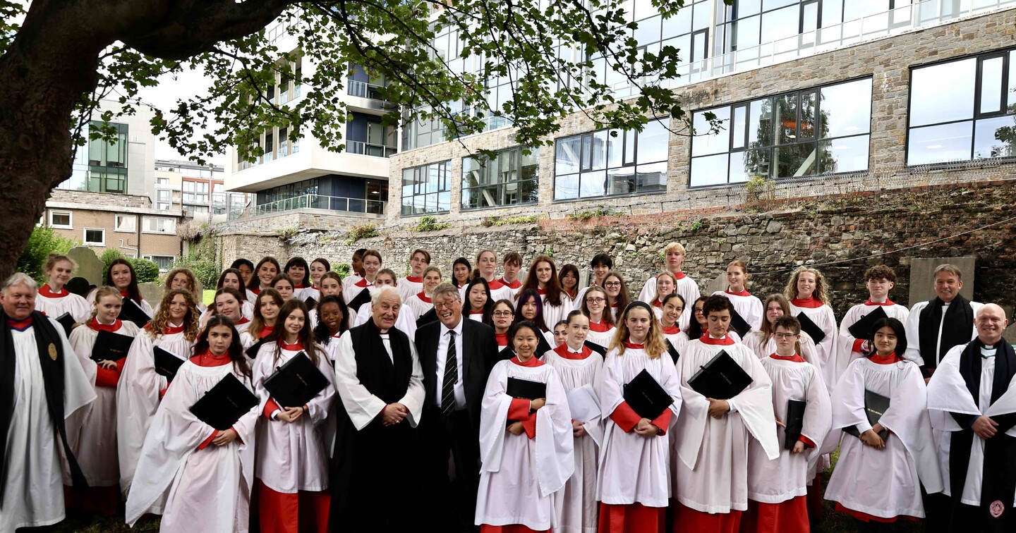 Archbishop Michael Jackson and Rory Montgomery (centre) with the Choir of the King&rsquo;s Hospital School, Dean William Morton, Dean Tom O&rsquo;Brien and Canon Peter Campion.