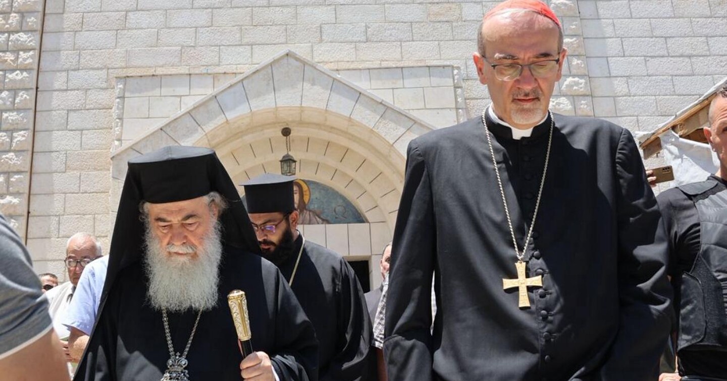 His Beatitude Theophilos III, the Patriarch of Jerusalem, and His Beatitude Cardinal Pierbattista Pizzaballa, Latin Patriarch in Jerusalem.  Photo credit: Jerusalem Patriarchate.