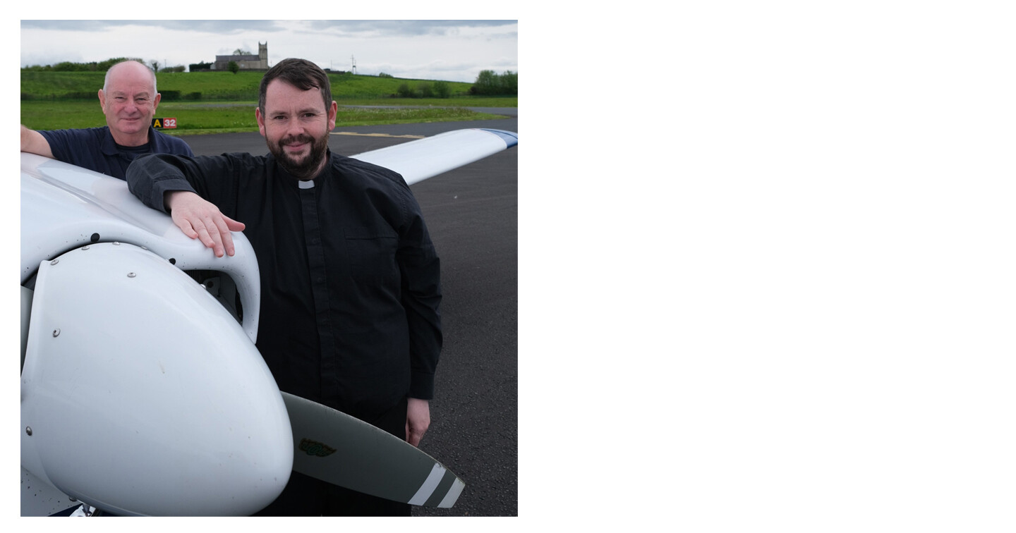 The Revd Mark Gallagher, Chaplain at Enniskillen Airport and Rector of Trory Parish Church, in the background with Alan Cathcart, Airport Manager.