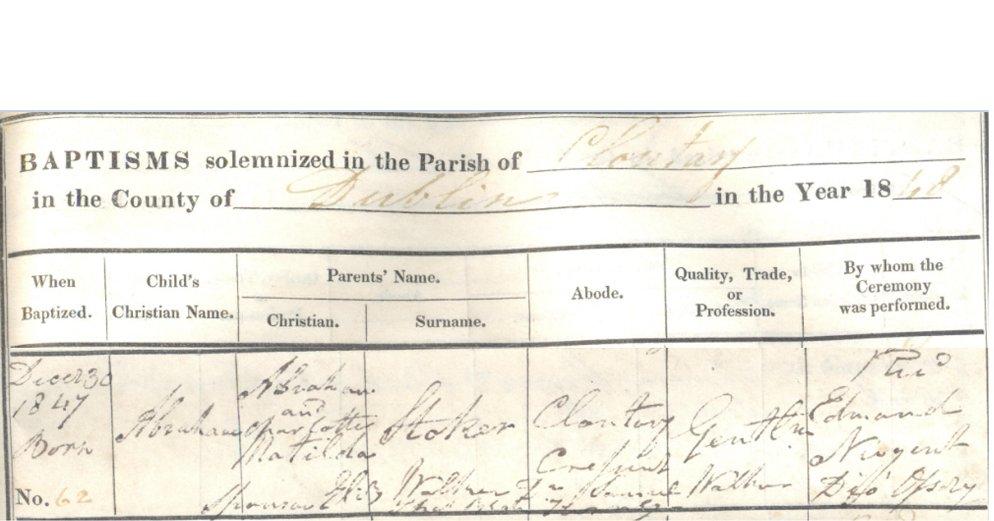 Baptismal entry for Abraham [&lsquo;Bram&rsquo;] Stoker as recorded in the Clontarf baptismal register [RCB Library P833.1.2] reproduced here with the permission of the National Archives of Ireland.