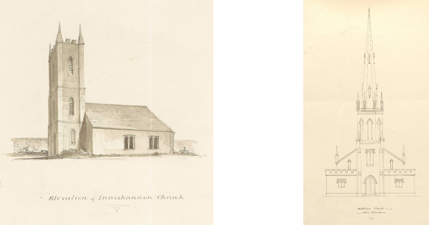 Left: West elevation of Middleton parish church (Cloyne), c. 1820&ndash;1840, by James Pain, RCB Library Ms 138/2.55. Right: South&ndash;west elevation of Innishannon parish church (Cork), mid&ndash;19th century, by Joseph Welland, RCB Library Ms 139/4.1.
