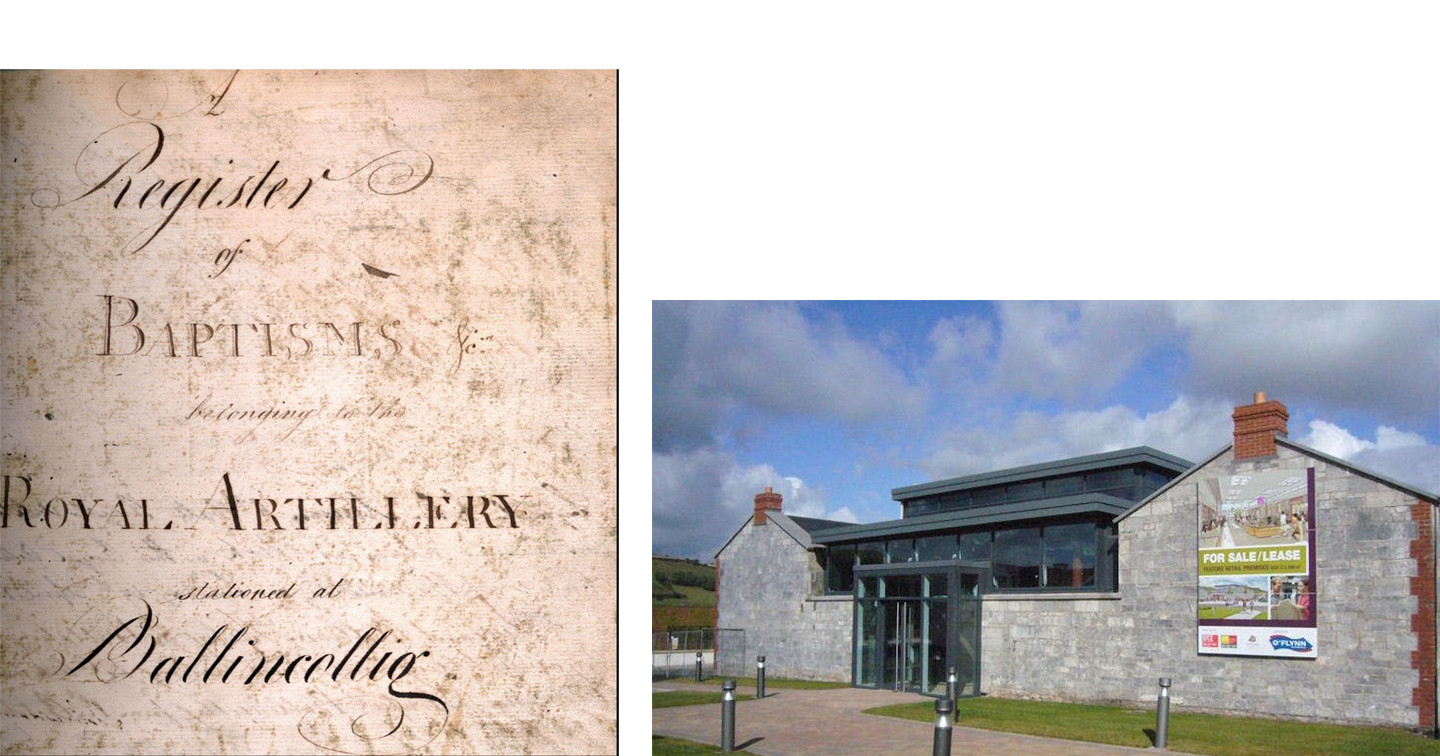 Left: Title page from the Ballincollig Garrison Church combined register of baptisms 1810&ndash;1864; marriages 1823&ndash;1842 and burials 1813&ndash;1882.  RCB Library P695.1.1.

Right: This building will soon become the new parish centre for Carrigrohane Union of Parishes having been an old British Army officers&rsquo; stables which later became the gun store for the Irish Defence Forces.  Image reproduced courtesy of Margaret Jordan, Ballincollig Heritage.
