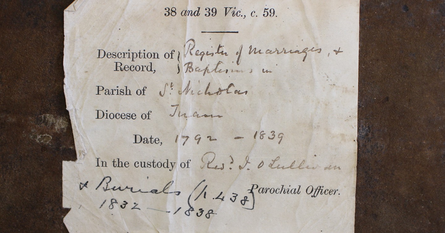 The front cover of the combined register of St Nicholas, Galway, RCB Library P519.01.1, reproduced with the permission of the Director of the National Archives.