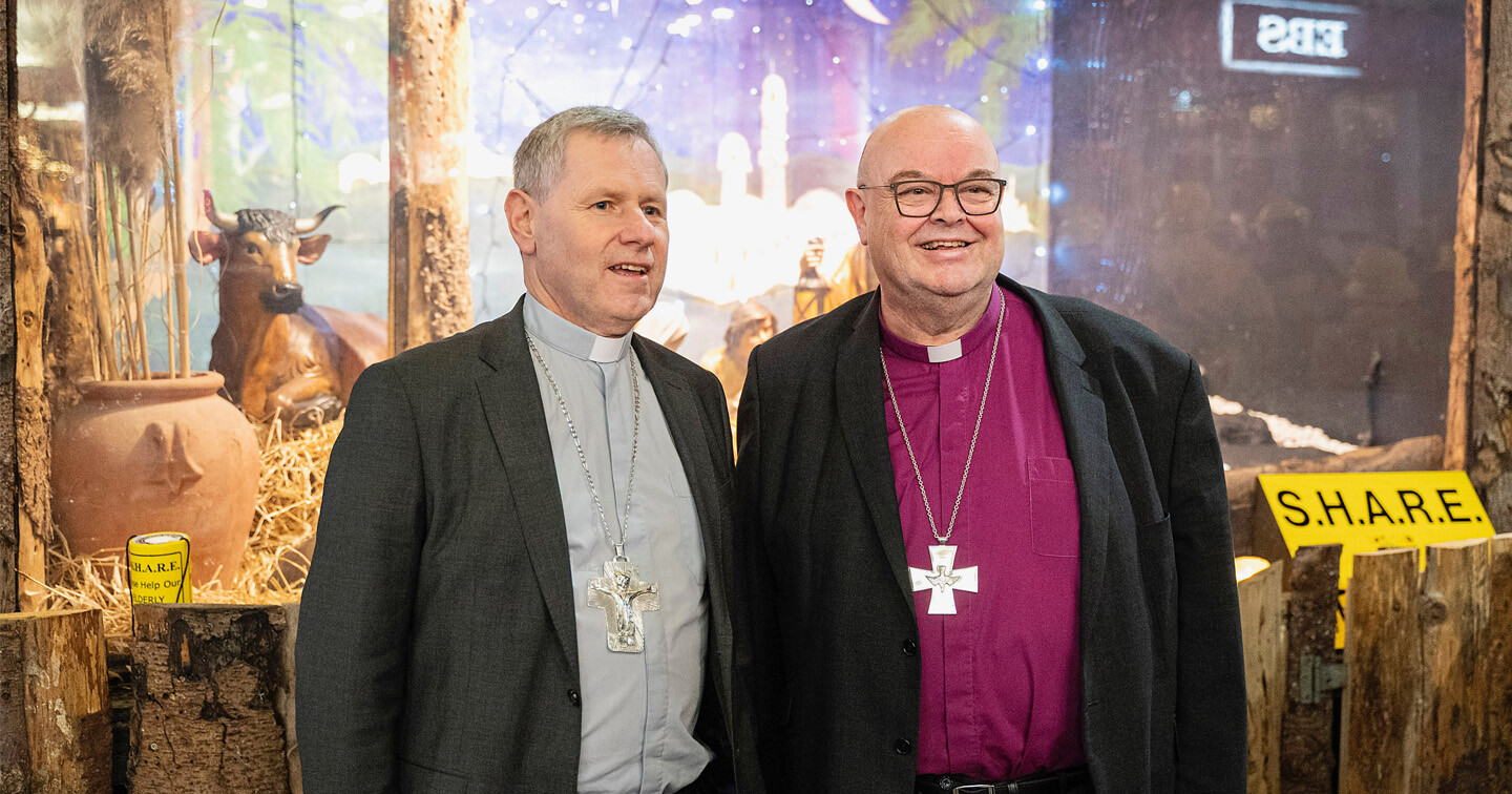 The Bishops of Cork, the Most Rev Dr Fintan Gavin and the Right Rev Dr Paul Colton, at the launch of Cork&rsquo;s Iconic SHARE Crib on St. Patrick Street in 2023. Photo: Gerard McCarthy. 