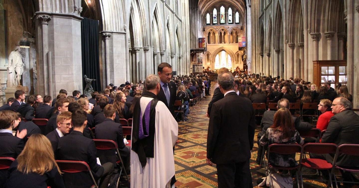 Minister Leo Varadkar talks to Canon Charles Mullen, Andrew Forrest and Dr Ken Fennelly in St Patrick&rsquo;s Cathedral which was full to capacity with students for the Second Level Schools Service. 