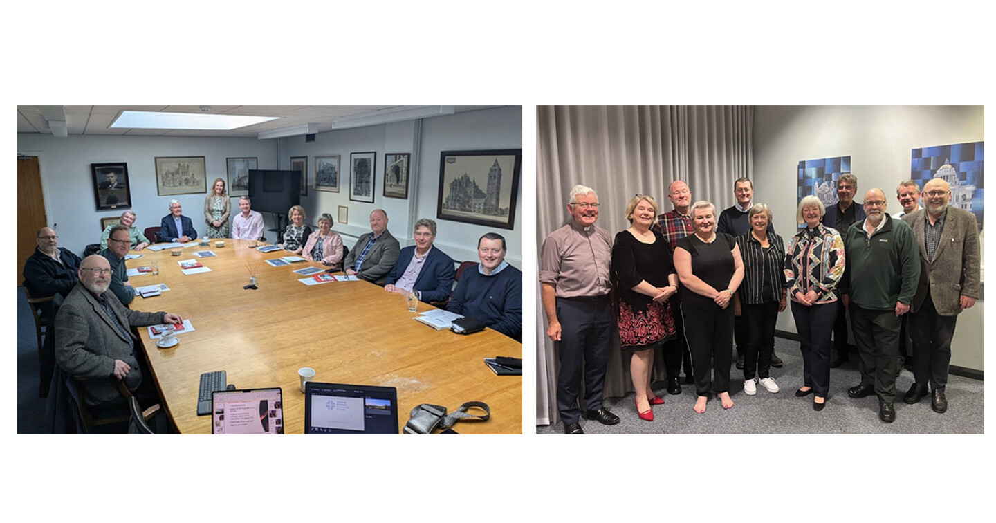Left: The Rev Karen Campbell, ICC, standing, gave a presentation to the Irish Deans&rsquo; Conference on the morning of September 10. Right: Deans pictured after the Monday evening Irish Deans&rsquo; Conference dinner.