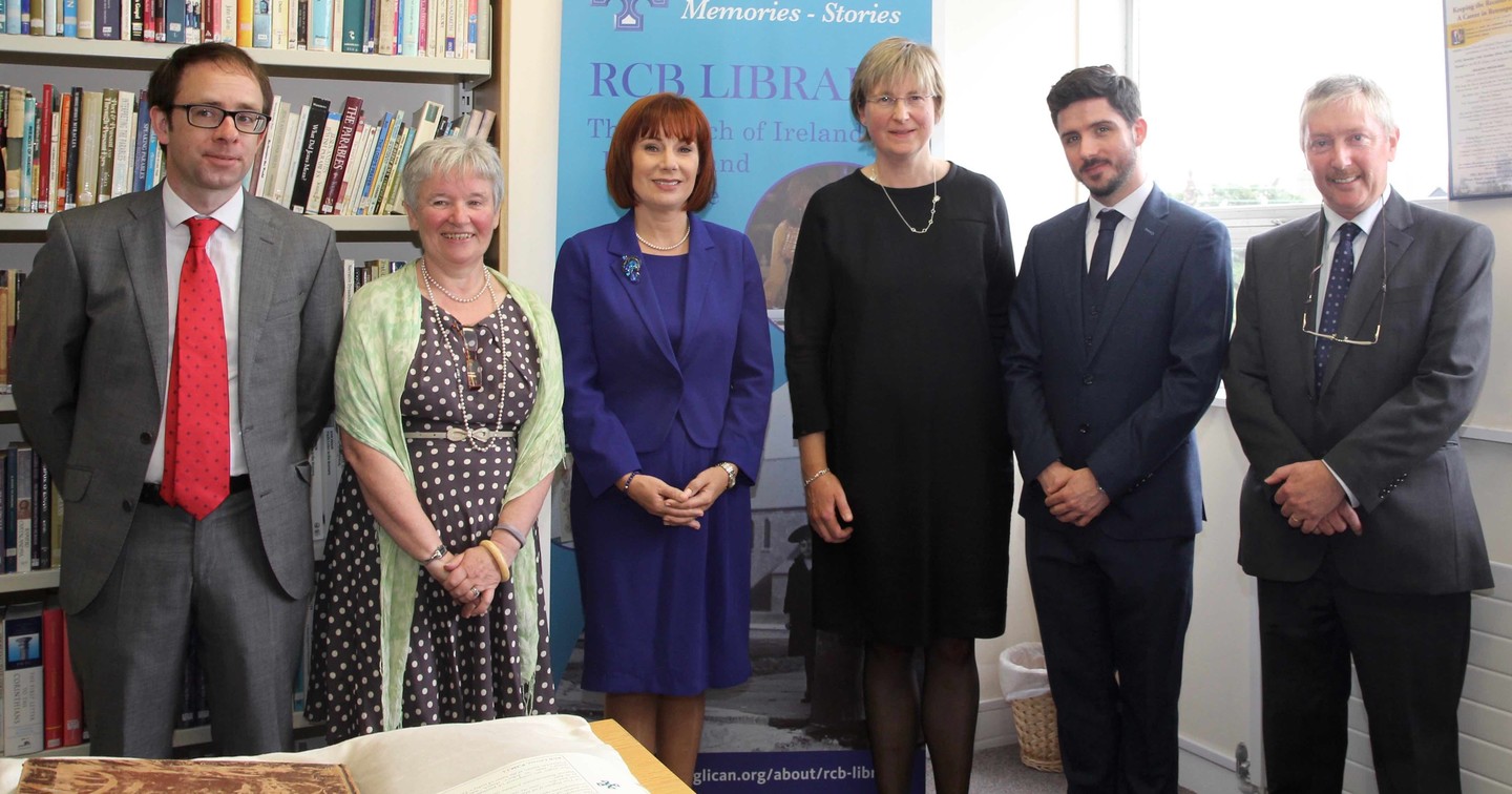 Minister Madigan (third left) meets with RCB Library staff and Dr Michael O&rsquo;Neill, architectural historian.