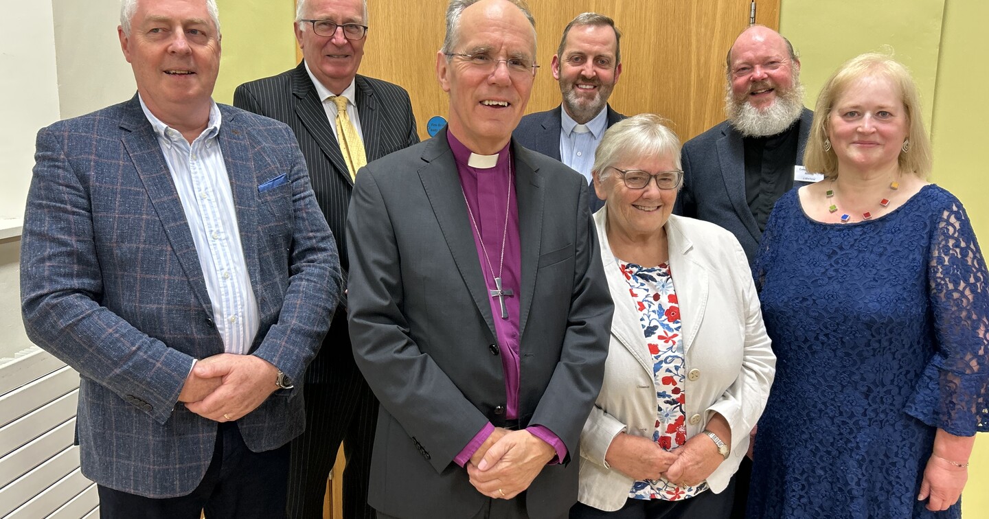 The Bishop of Clogher, Right Revd Dr. Ian Ellis with those taking part in the Clogher Diocesan Synod(from left); Mr. Michael Skuce, Hon. Secretary; Lord Stephens of Creevyloughgare, Assessor; Precentor Kyle Hanlon, Hon. Secretary; Mrs Rosemary Barton, Hon. Secretary;  Canon William Jeffrey, Hon. Secretary and Mrs Joyce Clingan, Diocesan Secretary.