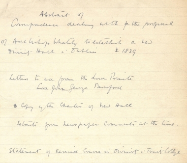 The cover of the abstract of correspondence relating to Archbishop Whately's proposals for an independent Divinity Hall for the Church of Ireland in the 1830s (Ms1043/1.1)