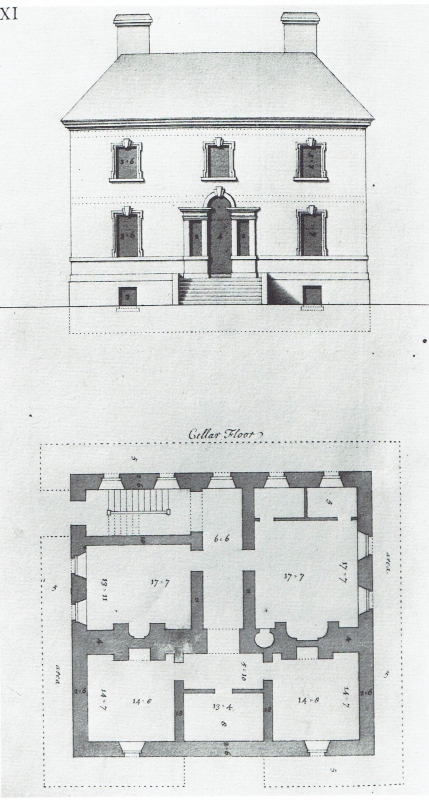 Plate XI from the manuscript of Payne's Twelve designs of country-houses&hellip; Note the doorcase treated as a Serliana, windows with shouldered architraves and keystones, plat bands and cornice. The influence of Pearce and Castle is evident in Payne's design.