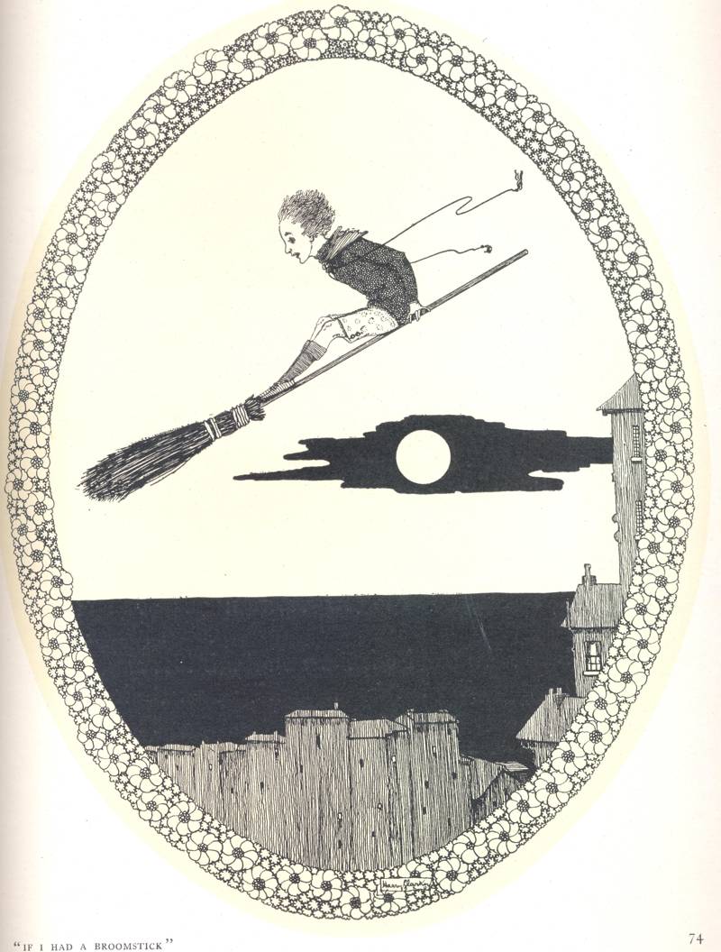 Illustration accompanying Patrick R. Chalmers' poem &lsquo;If I Had a Broomstick', from &ldquo;The Year's at the Spring&rdquo;, RCB Library Special Reserve Collection.