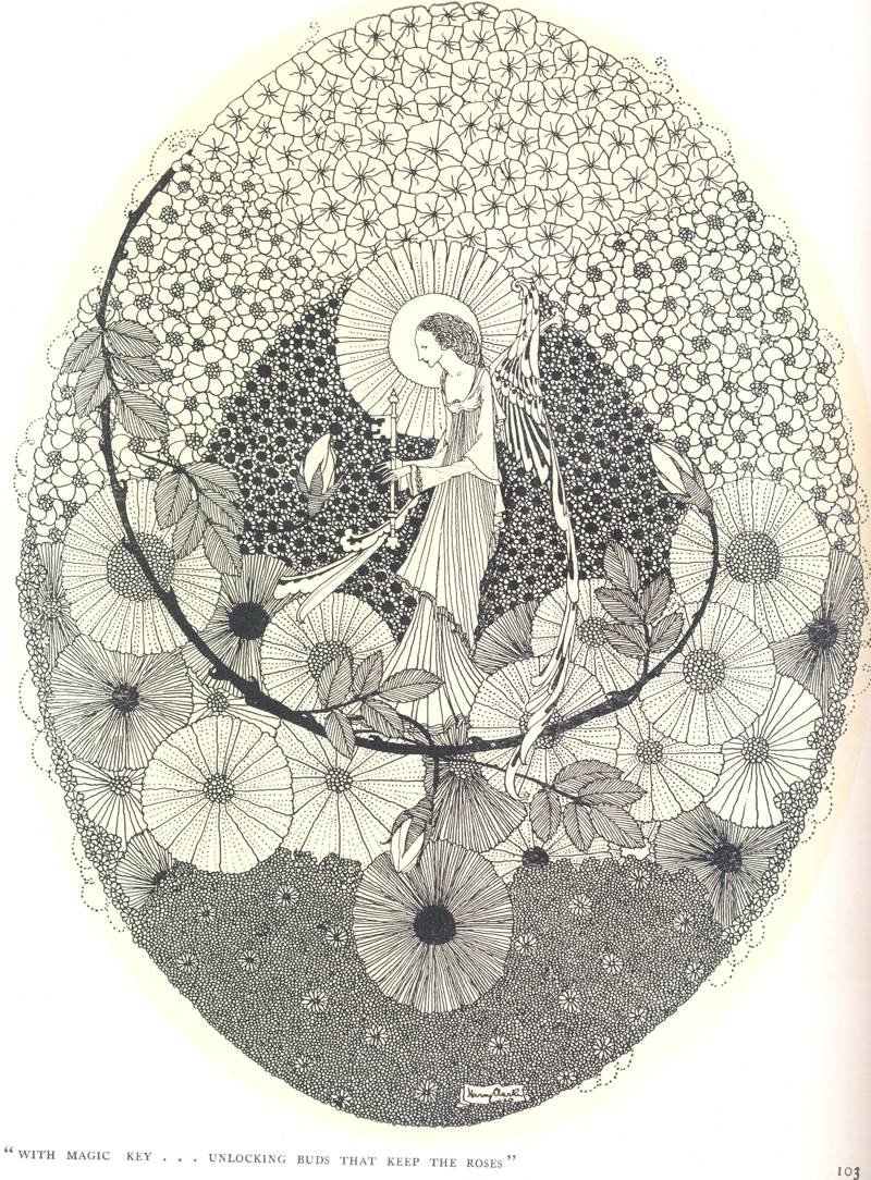 Illustration accompanying Margaret Mackenzie's &lsquo;To the Coming Spring'. The quote reads: &lsquo;with magic key &hellip; unlocking buds that keep the roses', from &ldquo;The Year's at the Spring&rdquo;, RCB Library Special Reserve Collection.