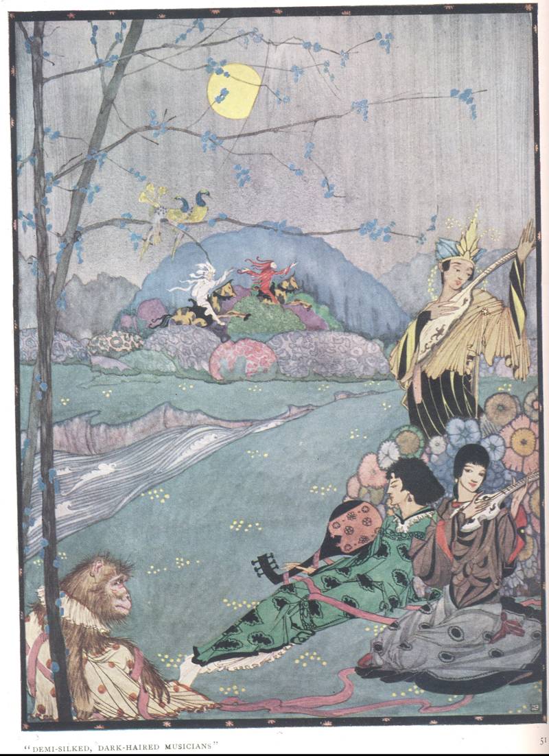 Clarke's llustration accompanying Walter de la Mare's &lsquo;Arabia' showing the &lsquo;demi-silked, dark-haired musicians', from &ldquo;The Year's at the Spring&rdquo;, RCB Library Special Reserve Collection.