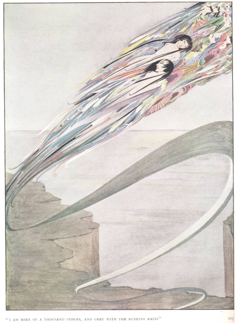 Illustration accompanying L. D'O. Walters' &lsquo;All is Spirit and Part of Me'. The quote reads &lsquo;I am born of a thousand storms, and grey with the rushing rains', from &ldquo;The Year's at the Spring&rdquo;, RCB Library Special Reserve Collection.