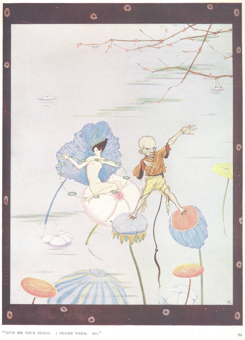 Illustration accompanying &lsquo;Overheard on a Saltmarsh' by Harold Munro: &lsquo;give me your beads.  I desire them. No', from &ldquo;The Year's at the Spring&rdquo;, RCB Library Special Reserve Collection.