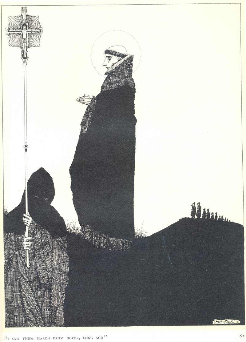 Clarke chose to illustrate another James Elroy Flecker poem. This black and white image illustrates &lsquo;November Eves'. The quote from the poem underneath reads: &lsquo;I saw them march from Dover, long ago', from &ldquo;The Year's at the Spring&rdquo;, RCB Library Special Reserve Collection.