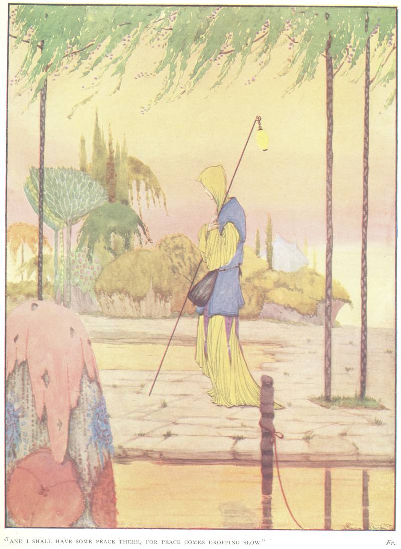 Clarke's illustration of W. B. Yeats' &lsquo;The Lake Isle of Inisfree' with the familiar line &lsquo;and I shall have some peace there, for peace comes dropping slow', from &ldquo;The Year's at the Spring&rdquo;, RCB Library Special Reserve Collection.