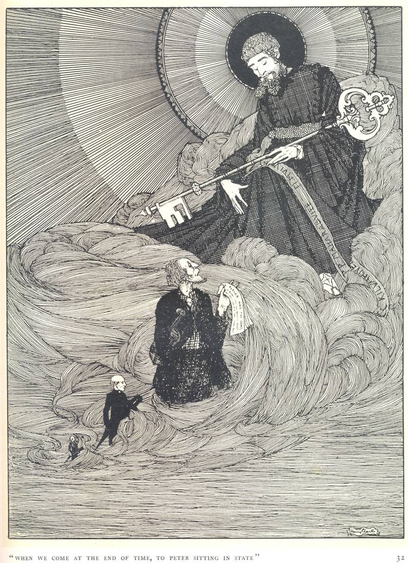 Clarke's imaginative and fantastical image to illustrate another poem by Yeats, this time &lsquo;The Fiddler of Dooney'. The quote beneath reads: &lsquo;when we come at the end of time, to Peter sitting in state', from &ldquo;The Year's at the Spring&rdquo;, RCB Library Special Reserve Collection.