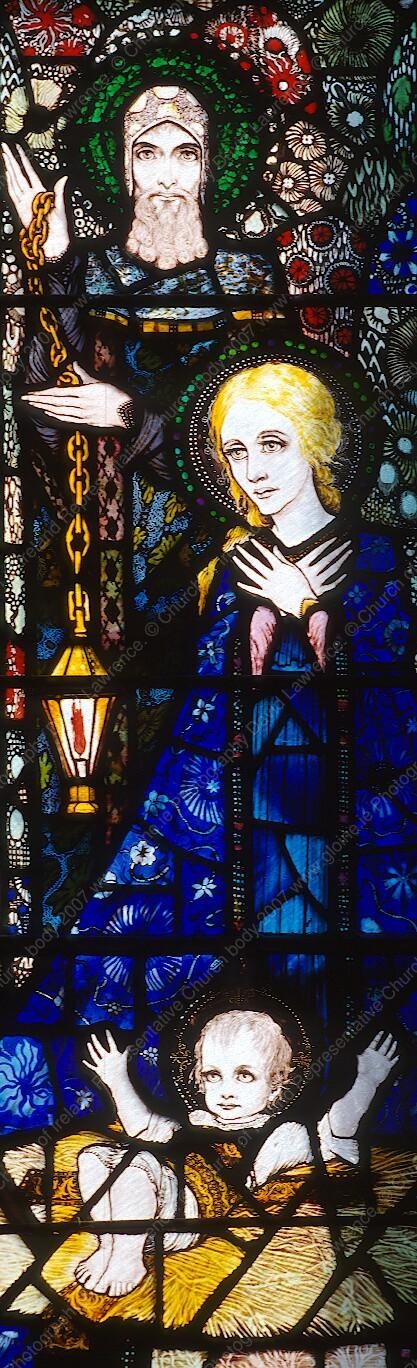 Detail of Harry Clarke's stained-glass illustration of the Adoration of the Magi (Nativity) in St Barrahane church, Castlehaven, County Cork, completed in 1918. Photographed by David Lawrence &copy; Representative Church Body. Image from: www.gloine.ie