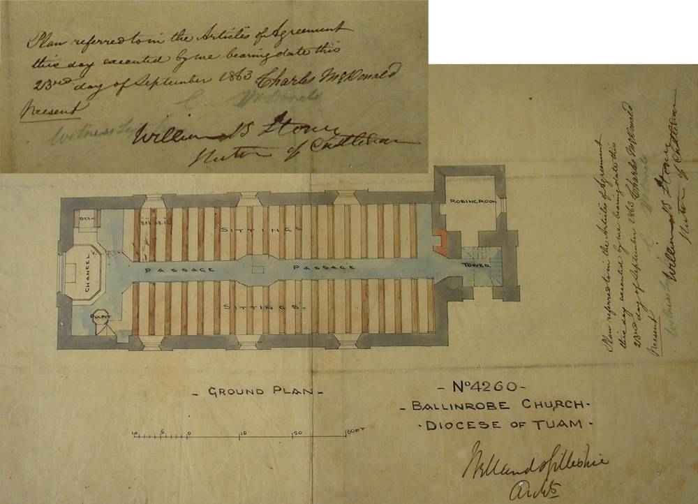 Internal rearrangements for Ballinrobe parish church interior plan, as executed by Welland and Gillespie, under the terms of &lsquo;Articles of Agreement' bearing date 23 September 1863, as signed off by the rector and various other diocesan officials, with detail of various signatories, RCB Library PF/26