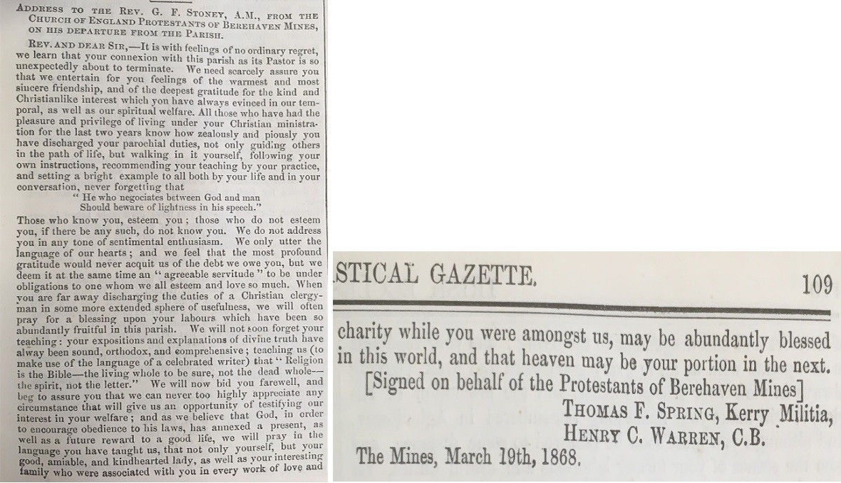 Address from the Church of England Protestants of Berehaven Mines, Irish Ecclesiastical Gazette, 23 April 1868