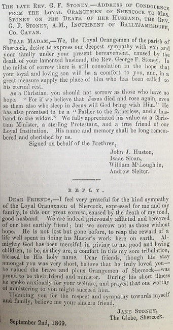 Address from &lsquo;The Loyal Orangemen of Shercock' to Mrs Jane Stoney, and her response, Irish Ecclesiastical Gazette, 22 September 1869.