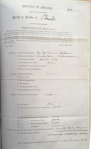Rural Dean's annual visitation return, 1874. RCB, Library, D4/14/3/27