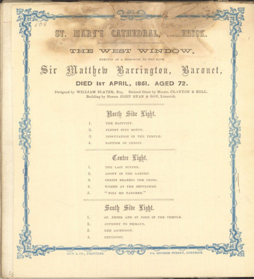Details of the images in the new west window to be erected in memory of Sir Mathew Barrington, Baronet, who died on 1 April 1861, from RCB Library Ms 1048
