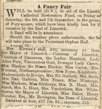 Notice of the Fancy Fair held in September 1860 which raised further modest funds towards the restoration, RCB Library Ms 1048