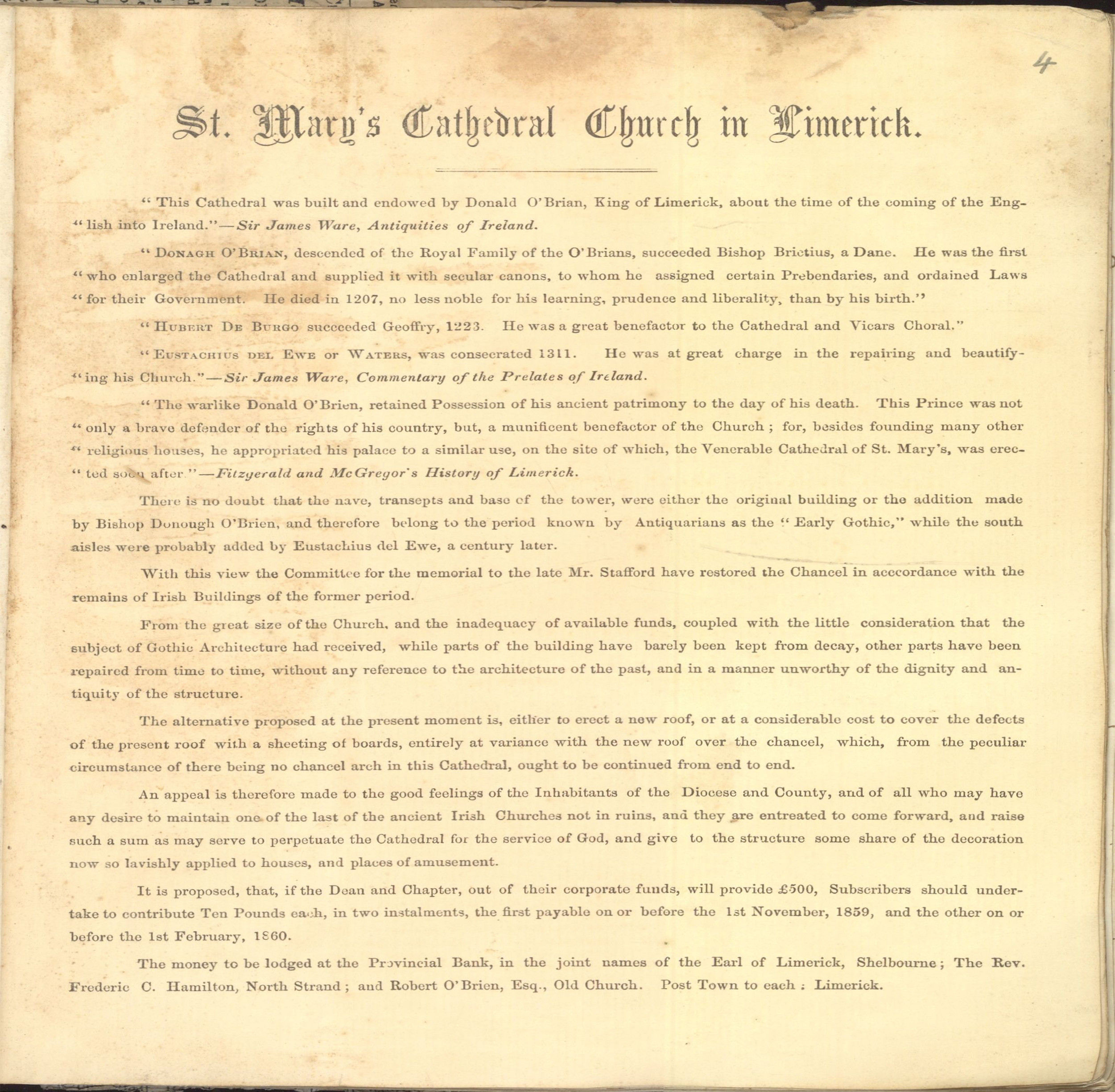 Mid-19th century promotional flier for the restoration, containing cathedral history, RCB Library Ms 1048