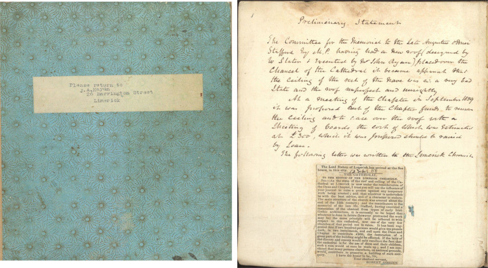 Cover of the volume created by John Armour Haydn (left) documenting the mid-19th century restoration of St Mary's Cathedral, with detail of the preliminary statement of the committee that undertook this work, RCB Library Ms 1048