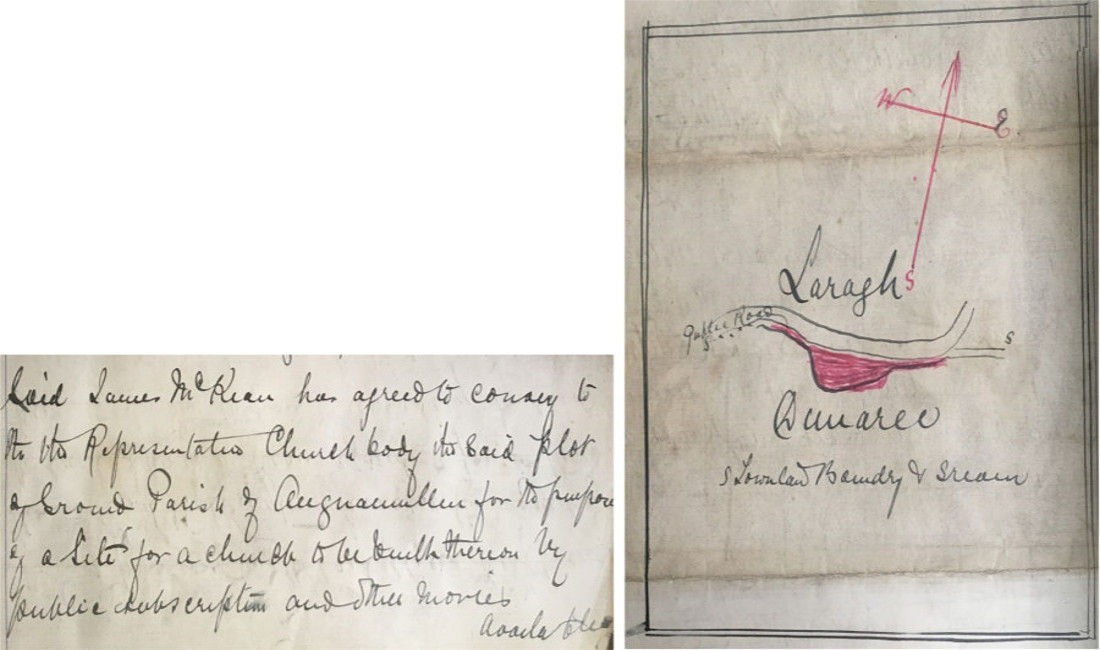 Left - Indenture James McKean to Representative Church Body, in the Clogher Diocesan Papers, RCB Library D/1/22/8; Right - Location of Laragh Church as provided in RCB Library D/1/22/8