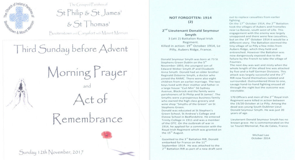 Left - Order of Service, St Philip and St James' Booterstown and St Thomas Mount Merrion, RCB Library, P.0714.19; Right - Biography of Lieut. Donald Seymour Smyth, RCB Library, MS P.0714.19