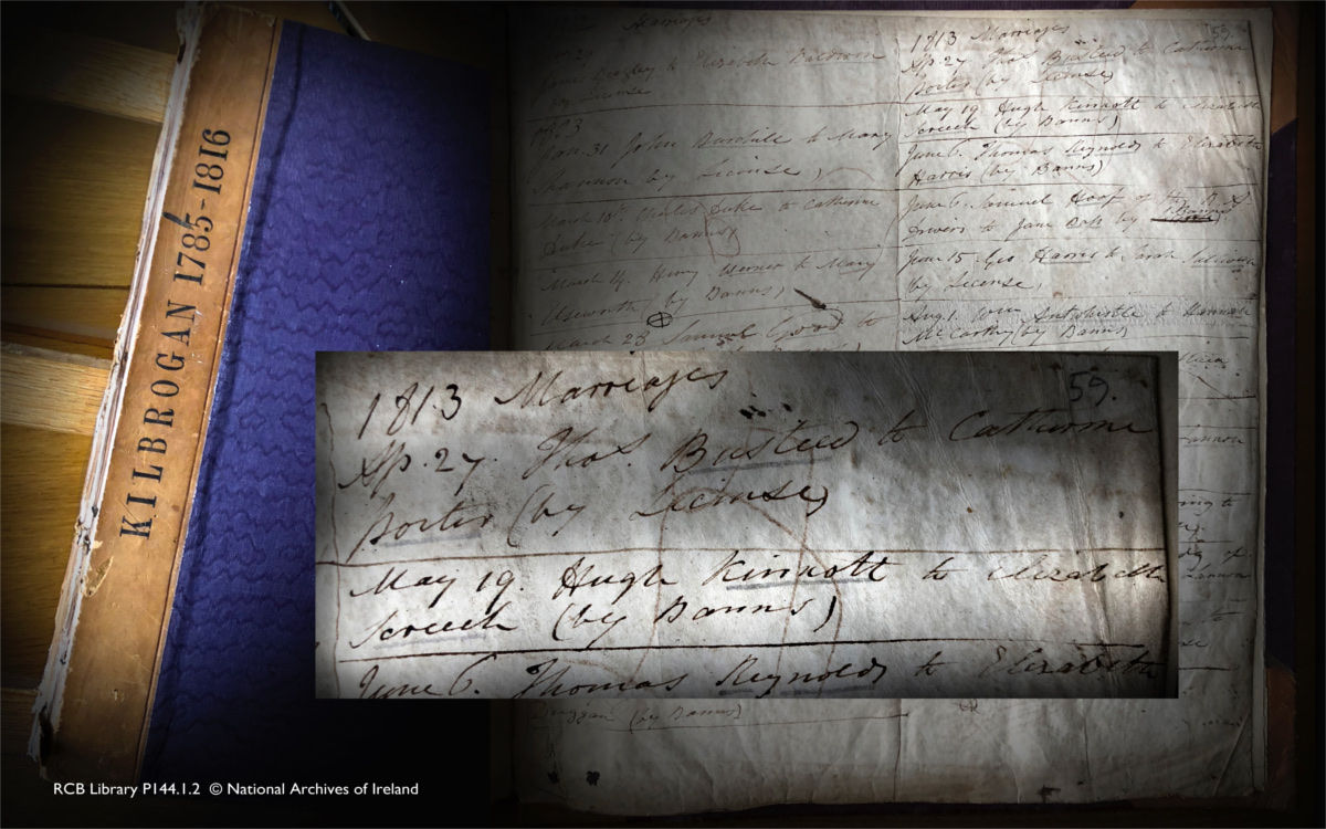 The marriage registration of Hugh Kinmonth and Elizabeth Screech in Kilbrogan Church, Bandon, 1813. RCB Library P144.1.2