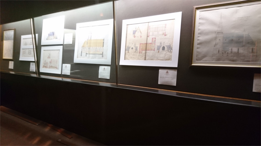 One of the cases at the Visual Window to an Ecclesiastical World Exhibition in the Architecture Gallery at the Irish Architectural Archive