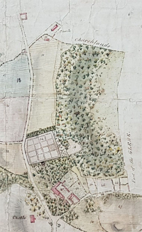 Detail from the Earl's Gift map showing the juxtaposition of castle, farmyard, church, churchlands and glebe land