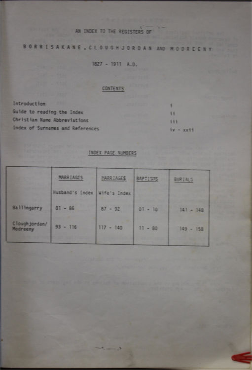 The Cloughjordan (Killaloe) collection includes a useful locally-produced index of surnames including those for Cloughjordan, Modreeny and Borrisokane, 19th-20th century. RCB Library P.573.1.1