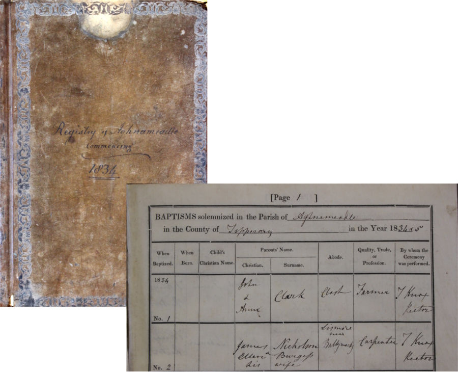 Among the parish of Aghnameadle's records is the earliest combined dating from 1834. RCB Library P.1115.1.1