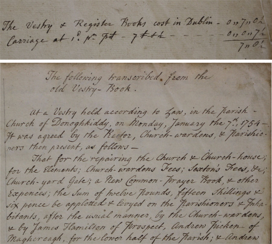 Representative of records received from parishes Northern Ireland is that for Donagheady (Derry), formerly Donakiddy, including the first vestry minute book, purchased in Dublin, and including transcripts of earlier records. RCB Library P.1120.5.1