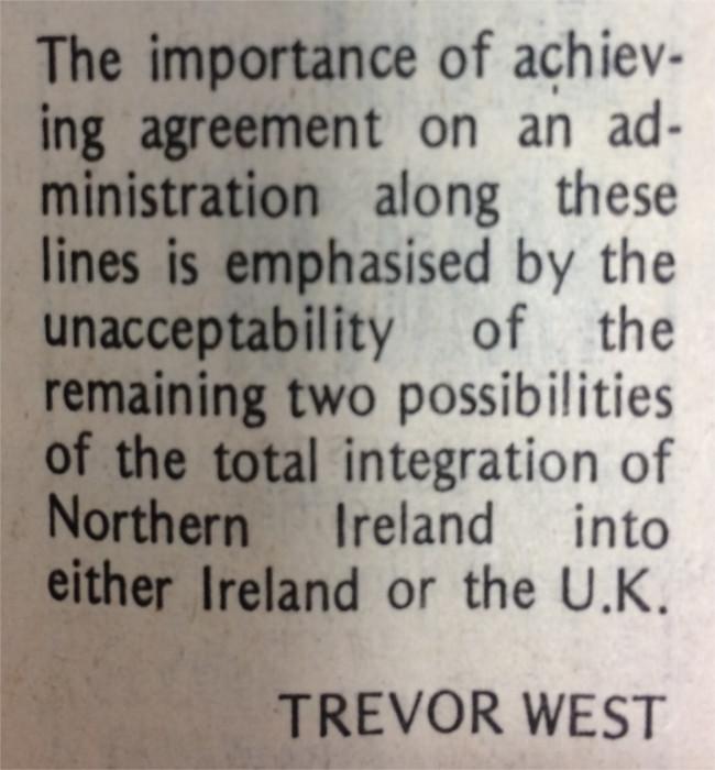 The letter of Senator Trevor West, published in the Church of Ireland Gazette, 7 April 1978 carries &ldquo;the germ of the conditions that would eventually bring peace to Ireland&rdquo;