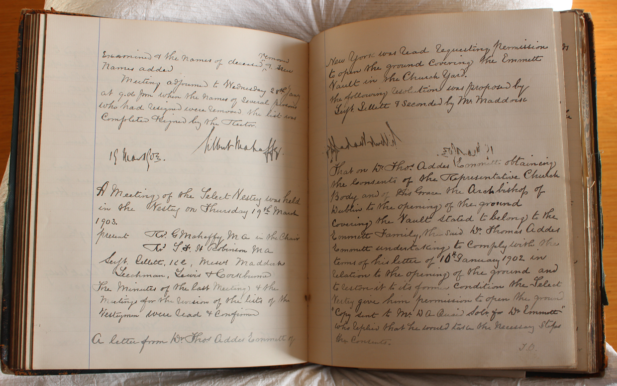 The entry in the vestry minute books of St Peter's Church showing the discussion arising over Dr Thomas Addis Emmet's request to undertake an excavation of the graveyard. RCB Library P45.05.8