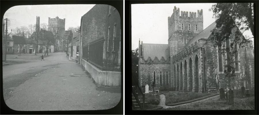 Two shots of Kildare Cathedral entitled: &lsquo;St Brigid's Cathedral, Kildare, and Round Tower, 8 February 1935' and &lsquo;St Brigid's Cathedral, Kildare'